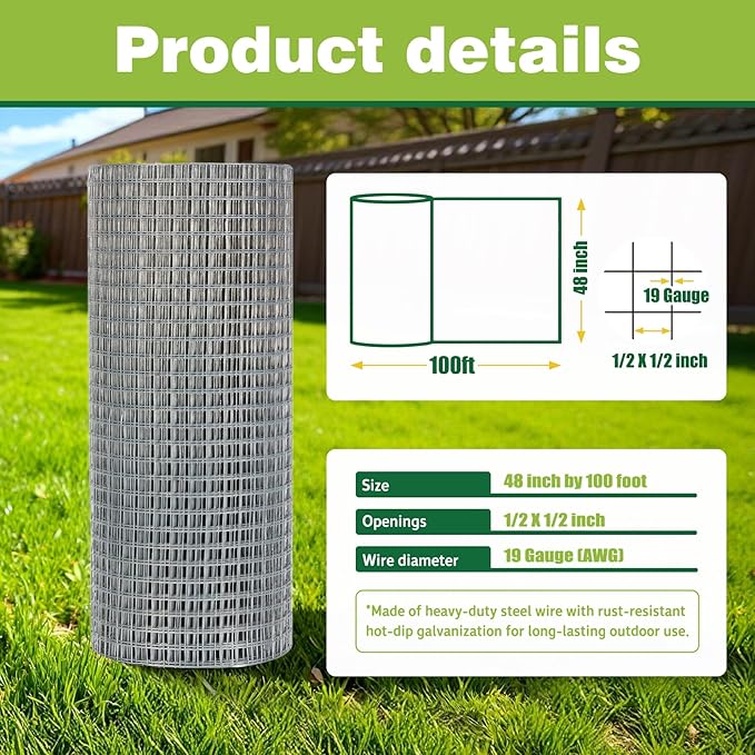 48" x 100' Hardware Cloth - 19 Gauge Heavy-Duty 1/2 Inch Welded Chicken Wire, Hot-Dipped Galvanized Mesh for Chicken Coop & Garden Fencing