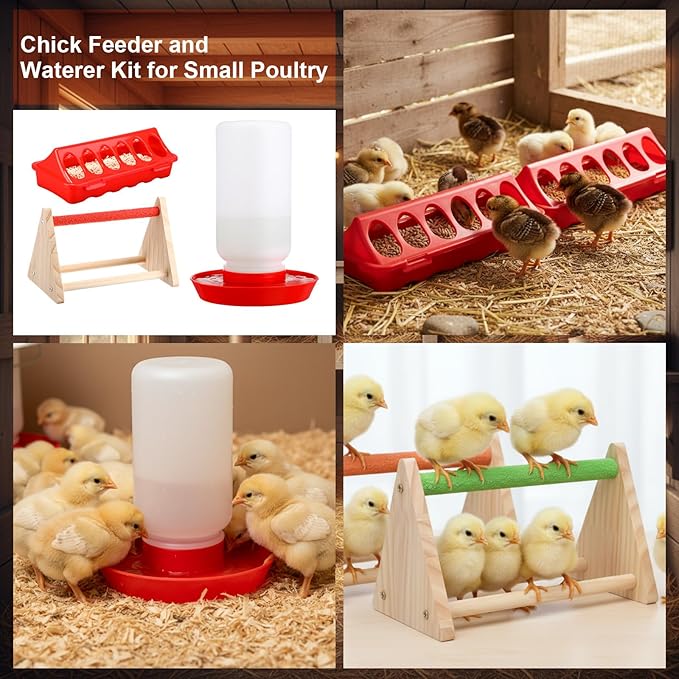 Retisee 400w Large Hanging Chicken Coop Heater Lamp Carbon Fiber Chicks Brooder Heater 5pcs Chick Feeder and Waterer Kit with Wooden Perch for Poultry Chicks Ducks Quail Pigeons Birds