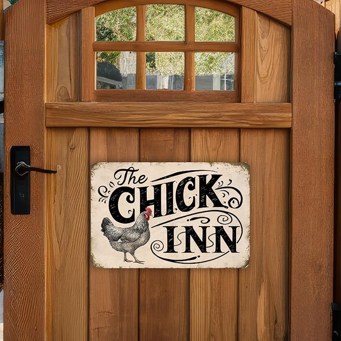 Vintage-Style "The Chick Inn" Sign - Rustic Farmhouse Decor with Detailed Chicken Illustration, 8" x 12"
