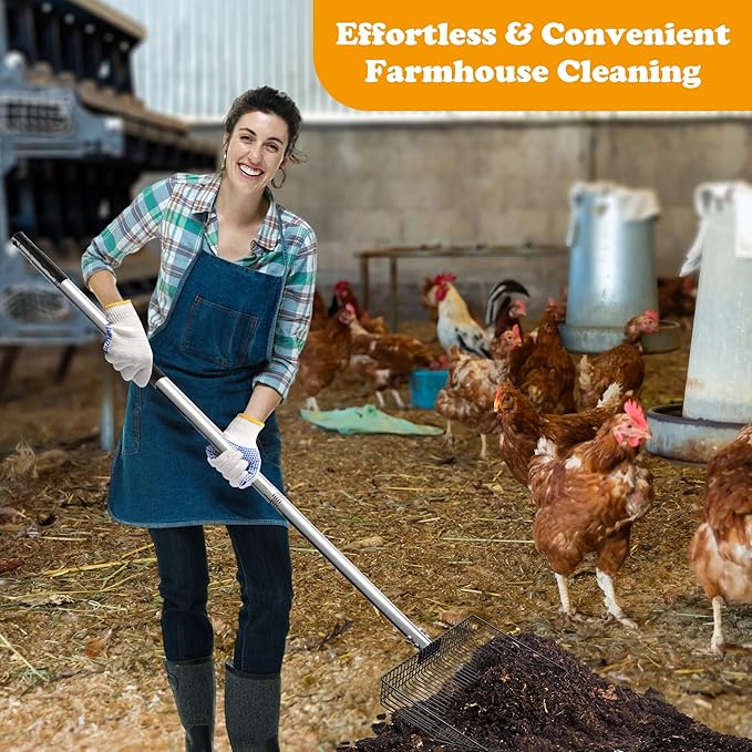 10inch Chicken Poop Scooper, Dual-Specification Pore Chicken Coop Cleaning Tools Come with Gloves Coop Scoop 4 Sections Extended with 22 to 62" Stainless Steel Adjustable Handle