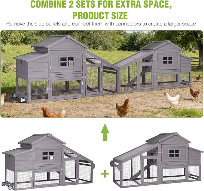 GUTINNEEN Large Chicken Coop on Wheels, Expandable Outdoor Mobile Chicken House, Hen House Poultry Cage with Nesting Box, Leakproof Pull-Out Tray & UV-Resistant Roof – Grey