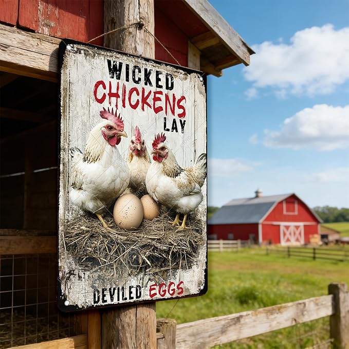 Metal Art for Outside Chickens Lay Deviled Eggs Metal Signs Vintage Room Decor Aesthetic Wall Art 16x12 Inch