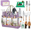Gardening Tools 9-Piece Heavy-Duty Garden Tools Set, Stainless Steel Garden Hand Tools with Purple Floral Tote Bag and Repotting Mat Garden Supplies Kit Gifts for Women