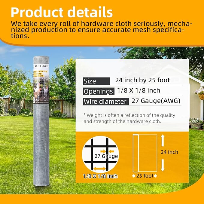 24in x 25ft Hardware Cloth 1/8 inch 27Ga Hot Dipped Galvanized After Welding, Chicken Coop Wire Fence, Welded Metal Fencing Roll Mesh for Bee Screen Garden Plant Poultry Animal Netting Cage