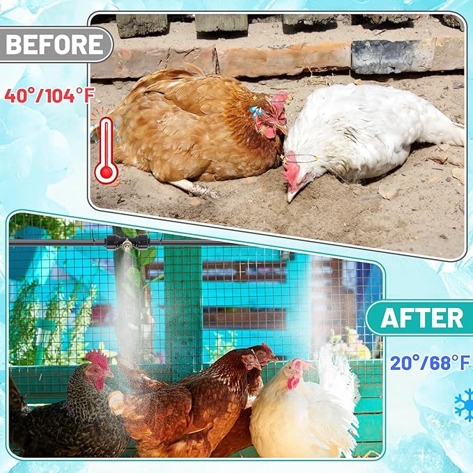 Pre-Assembled Chicken Coop Misting System for Cooling - Leak-Resistant Mist Hose Kit for Summer Poultry Heat Relief, Included 26ft Line, 3/4" Adapter, 7 Brass Nozzles, Filter Gasket Accessories