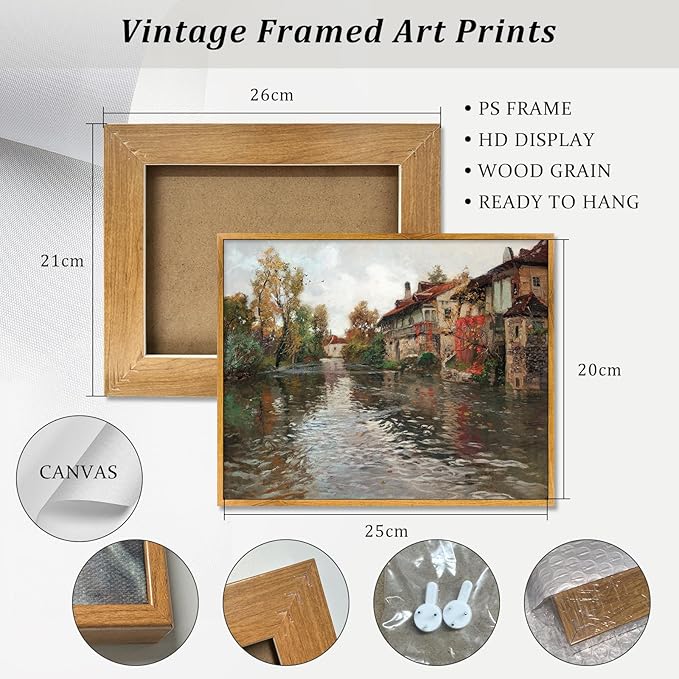 Vintage Farmhouse Framed Picture Nature Scenery Painting European Village Artwork River Village Wall Art French Landscape Canvas Colorful Farmhouse Pictures English Country Wall Art 8x10inch Framed