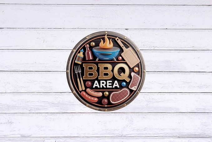 AWISZZZ BBQ Area Metal Sign 8x8in Round Retro Plaque for Backyard Grill Wall Decor Outdoor Cooking Gift