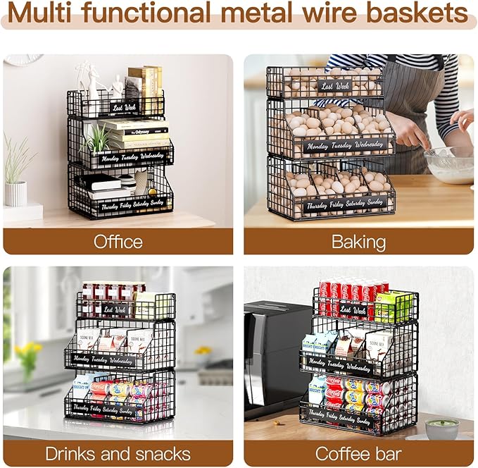 Egg Holder Countertop with Dividers & Labels, 3 Tier Stackable Chicken Egg Holder Egg Baskets for Gathering Fresh Eggs, Egg Organizer for Egg Storage, Wall-Mounted, Black