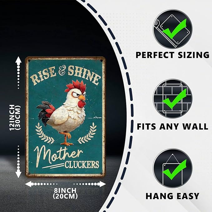 Funny Chicken Signs Rooster Kitchen Decor Rise And Shine Mother Cluckers Tin Signs Vintage Coop Metal Decor Rustic Wall Art For Home Farmhouse Farm Poultry House Cafe Bar Office 12 * 8 In