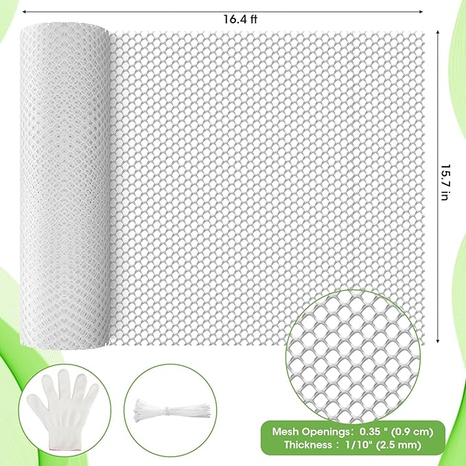 Unves Plastic Mesh Wire, 15.7IN x 16.4FT Plastic Chicken Wire Fencing Roll, Hexagonal Garden Fencing Netting for Garden Beds Dogs Cat Animal Barrier, Outdoor Yard Floral Poultry Netting Roll, White