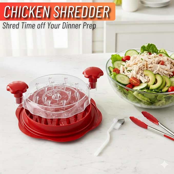 Chicken Shredder Tool Twist Large – Visible Meat Shredder for Chicken Breast with Cleaning Brush & Tong, BPA-Free Non-Slip Base, Ergonomic Handle, Heat Resistant & Dishwasher Safe (Red)