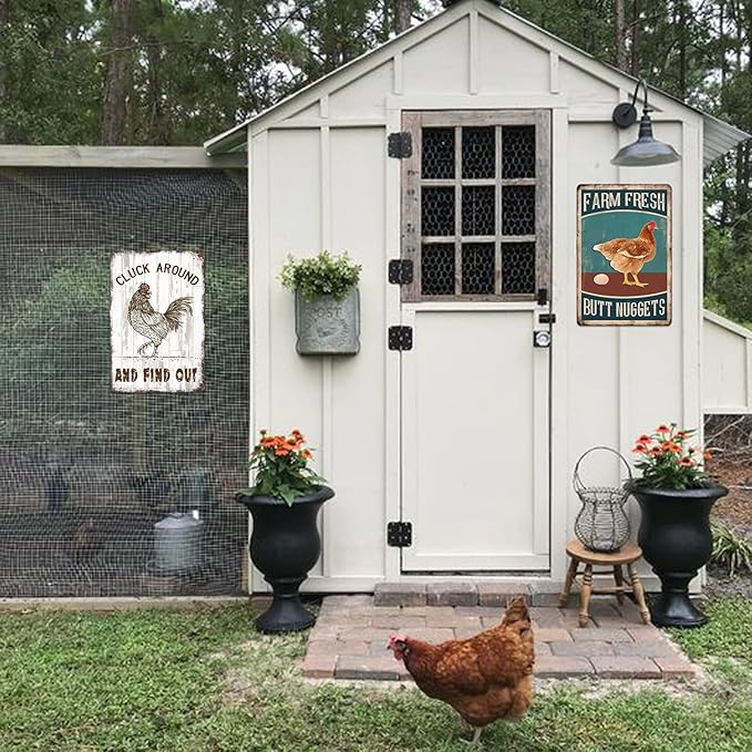 Chicken Coop Signs, Cluck Around and Find Out Sign Chicken Metal Tin Signs for Farmhouse Kitchen Home Wall Art Decor Farm Sign Funny Chickens Gifts for Women Outdoor Garden Accessories 8x12 Inch