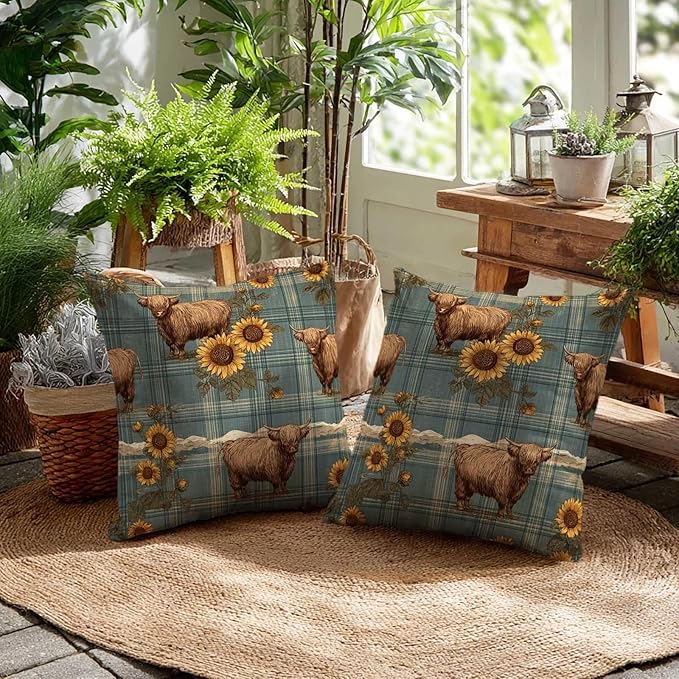 Highland Cow Sunflower Throw Pillow Covers 18x18 Inch, Set of 2 | Rustic Farm Animal Plaid Cushion Cases for Couch & Living Room | Country Farmhouse Home Decor Pillowcases