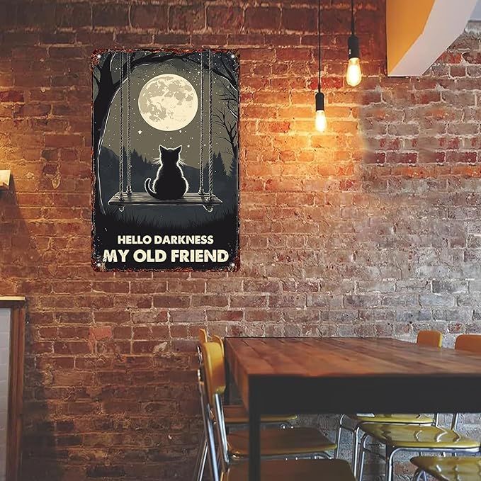 Vintage Wall Decor Metal Poster Plaque Black Cat Hello Darkness My Old Friend Iron Painting Wall Decor Wall Art Nostalgic Tin Sign For Home Cofe Kitchen Pub Bar 12x8 Inch