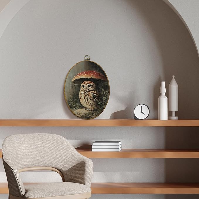 CUANFDDSF Owl Mushroom Nature Aesthetic Oval Wall Art Decor, Rustic Cottagecore Woodland Nursery Wall Hanging Decor, Dark Academia Wild Animal Framed Canvas Prints for Gallery Bedroom, 8.6x11.4 Inch