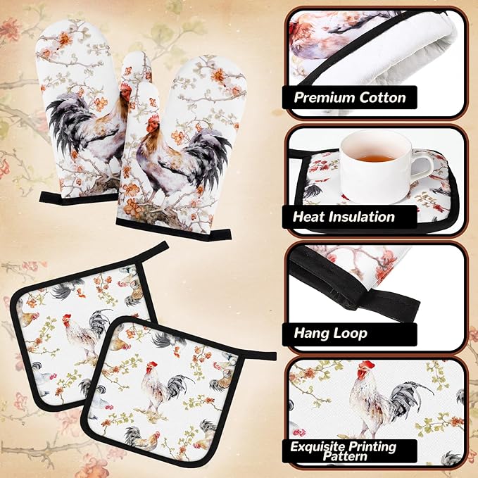 10 Pcs Rooster Kitchen Dish Towels Rugs Oven Mitts and Pot Holders Set Farmhouse Kitchen Decor Set for Women Mom Daughter Gift Cooking Baking Grilling (Vintage Black White)