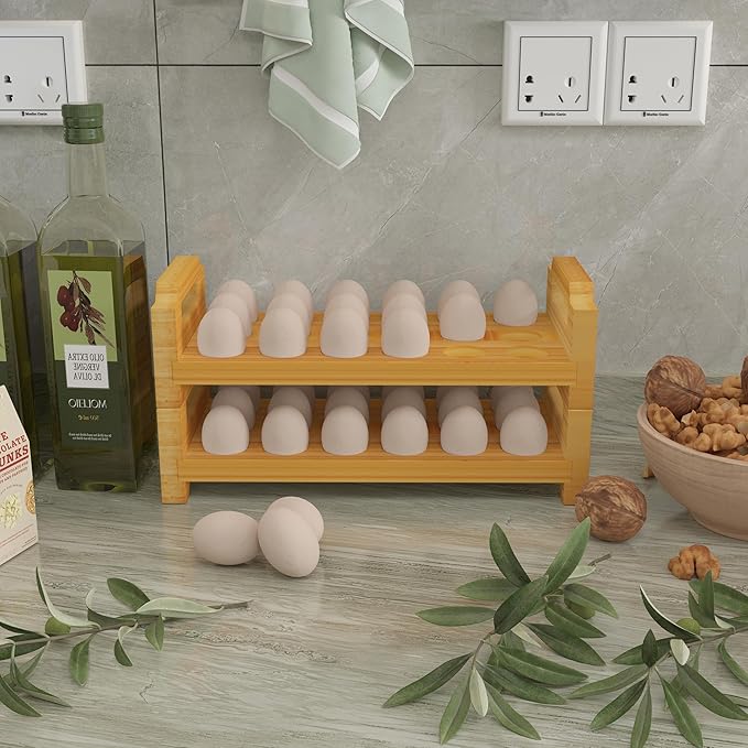 Bamboo Egg Holder Countertop - Stackable Design for Fresh Eggs, Farmhouse Egg Tray Storage Display Rack, Kitchen Counter Top Organizer Wooden Egg Stand, Fits Quail, Duck, Turkey, Chicken Eggs (Luxury)