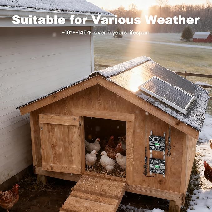 Solar Chicken Coop Fan 2 Kit, 20W Solar Powered Greenhouse Fan Outdoor Waterproof, Solar Exhaust & Intake Fans, 16.7 ft Cord, Hi-Airflow for Shed Dog House Air Circulation Ventilation Cooling