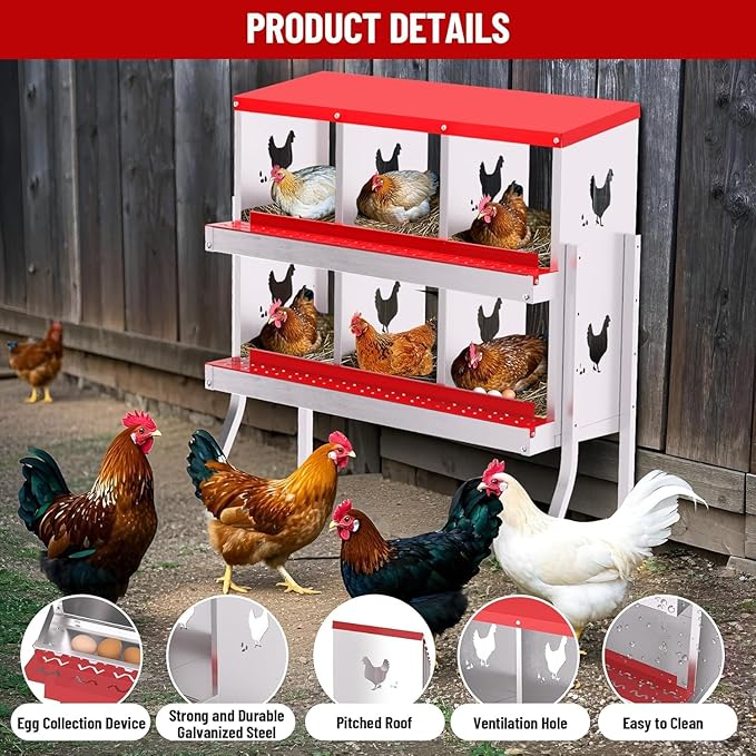 Chicken Nesting Box, Heavy-Duty Metal Chickens Laying Boxes with 6 Compartments, Large Vented Holes Hens Laying Box, Chicken Coop with Rollout Egg Collection, Bracket Legs - Red