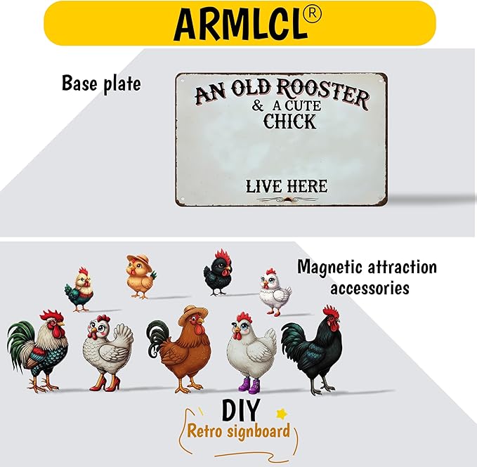 DIY Magnetic Attraction Design,Funny Chicken Tin Sign | chicken decor | Farmhouse Wall Decor, Rooster Kitchen & Bathroom Art,Metal Signs,Funny Gifts,12 * 8 Inch (Dark Grey)