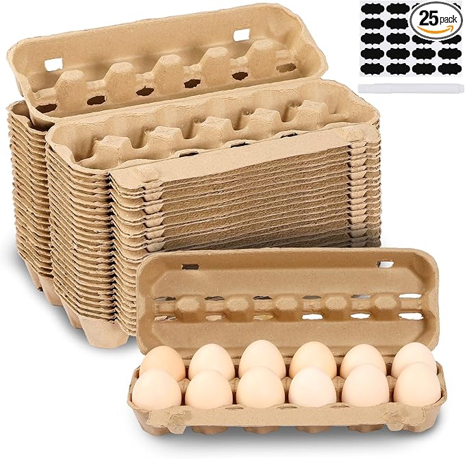 25-Pack Empty Egg Cartons 12 Count,Natural Paper Pulp Egg Cartons Bulk for Fresh Eggs Storage,Reusable Cardboard Eggs Holder for Farm, Kitchen, Organizing & Transport