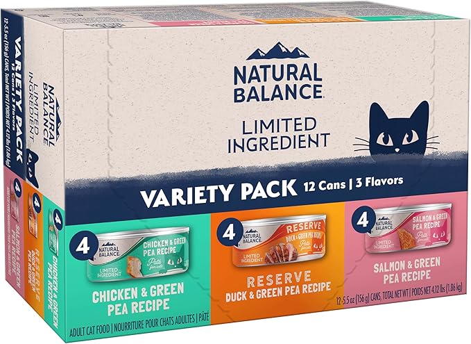 Natural Balance Limited Ingredient Cat Food Variety Pack - Chicken, Salmon and Duck with Green Pea Recipes, Soft Pate Wet Digestion Cat Food for Sensitive Stomach, 5.5 oz., Case of 12