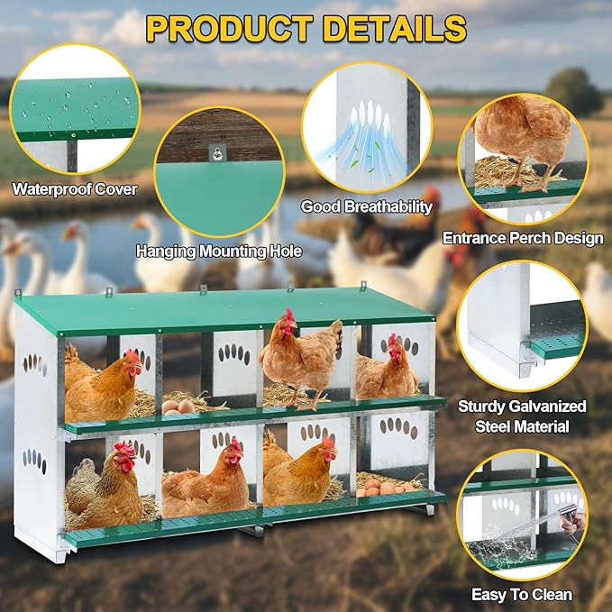 Chicken Nesting Box, 8 Compartment Metal Nesting Box, 8 Room Wall Mountable Nesting Boxes for Chicken with Swing Perch and Rollout Egg Collection