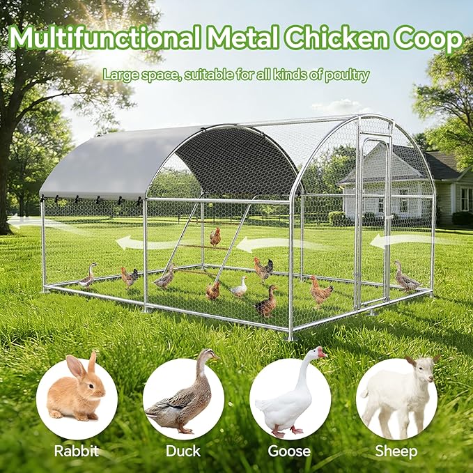 Large Metal Chicken Coop with Roosting Perch, Waterproof and UV-Resistant Cover, Outdoor Walk-in Cage Hen House for Yard Farm Rabbit Duck Chicken Run Dome Roof (10’ W x 13.2’ L x 6.4’ H)