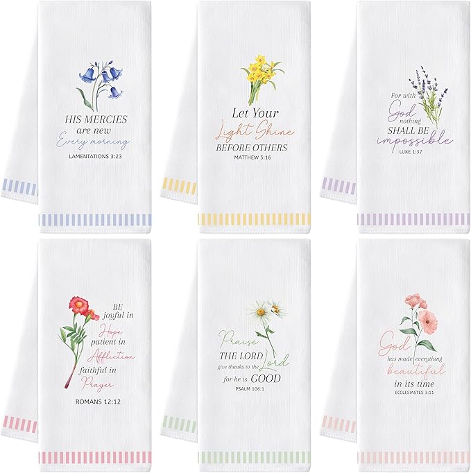 GROBRO7 Bible Floral Hand Towel - 6Pcs Religious Verse Scripture With Flower Pattern Kitchen Dishcloths Soft Polyester Towels Bathroom Home Dining Table Decor Christian Gift for Men Women Housewarming
