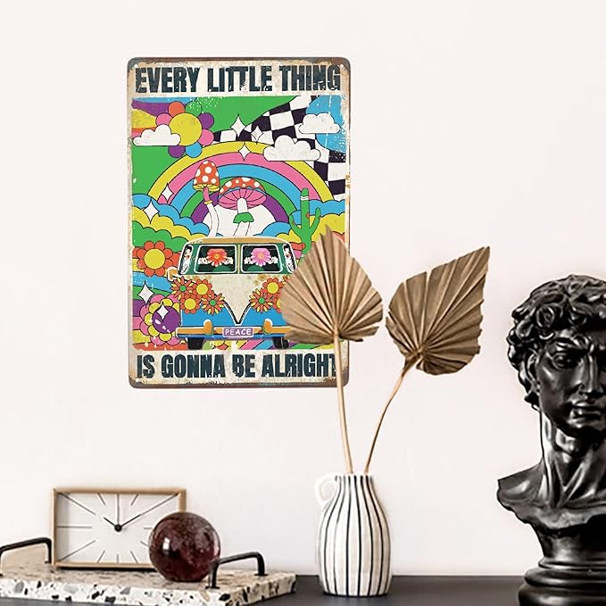 Hippie Bus Every Little Thing Is Gonna Be Alright Vintage Metal Poster Sign Decor-Retro Aluminum Metal Tin Sign for Home Wall Decor, Garden, Bedroom, Signs Gift,12''x 8''