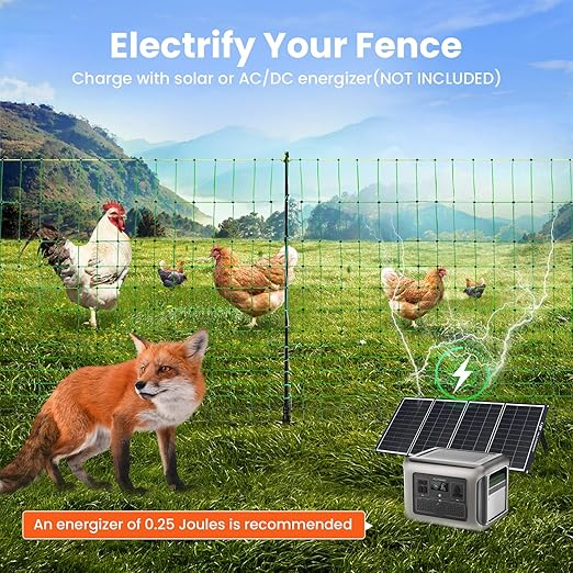 Poultry Netting Electric Fence, Electric Poultry Enclosure for Chickens, Ducks, Turkeys, 47.2" H x 164'L, PE Net Fencing Kit with Posts & Double-Spiked Stakes, Used in Backyards, Farms