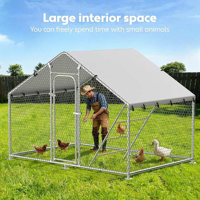 Large Metal Chicken Coop with Perch, Chicken Run Pen Walk-in Poultry Cage with Waterproof & Anti-Ultraviolet Cover for Outdoor Farm Use,Spire Roof(9.9" W x 5" L x 6.4" H)