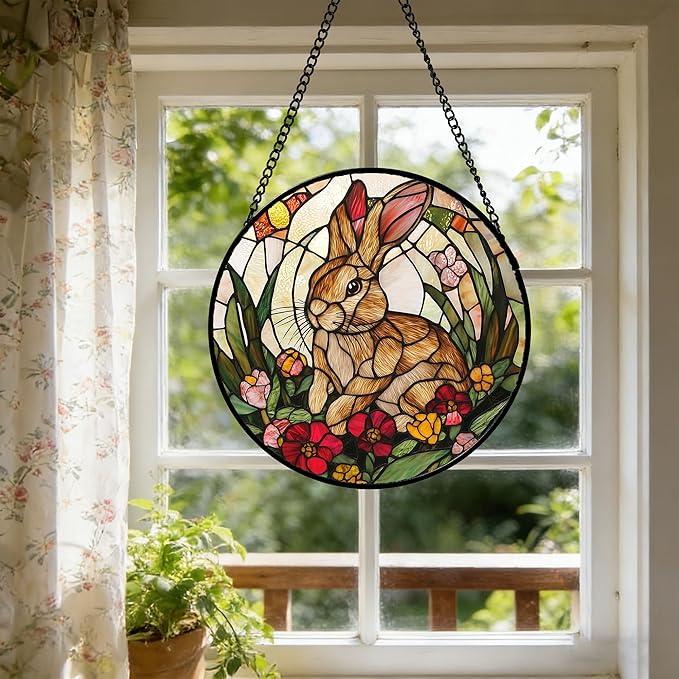 Stained Glass Window Hanging, Cute Bunny Flowers Sun Catcher for Window Door Home Decor, Rabbit Suncatcher Christmas Mother's Day Birthday Gifts for Women Men Mom and Nana 11.8 in