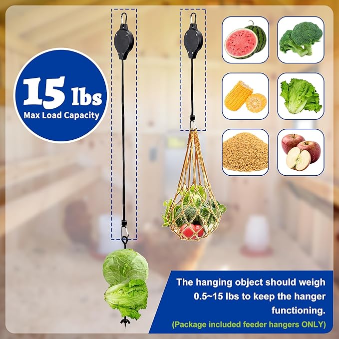 Retractable Hangers for Chicken Coop, 43" Pull-Down Design Hooks for Hanging Chicken Feeder, Waterer & Treat Dispenser, Adjustable Pulley System for Bird Feeder, Planter Hanging, 3PCS