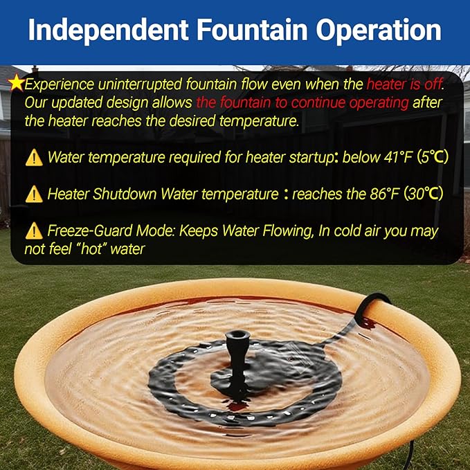 Upgrade Bird Bath Heater De-icer with Fountain Water Pump 200W Heated Bird Baths for Outdoors in Winter Thermostatically Controlled Upgrade 6ft Chew-Proof Cord for Garden Patio Backyard