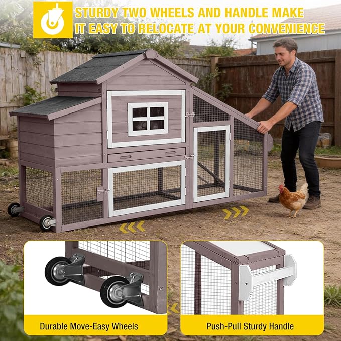 Aivituvin Chicken Coop with Run and Wheels, Mobile Outdoor Hen House Wooden Poultry Cage with Waterproof Roof (Brown, AIR23)
