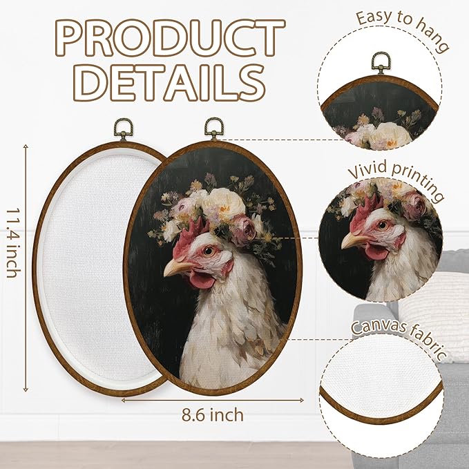 WULQYING Vintage Floral Chicken Wall Art Decor, Country Farmhouse Farm Animal Oval Framed Canvas Art Prints, Cottagecore Floral Chicken Wall Hanging Decor for Home Bedroom Living Room, 8.6x11.4 Inches