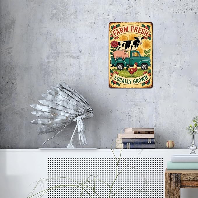 Farm Fresh Locally Grown tin sign Vintage Farm Animals Truck Metal Sign for Garden & Yard Bar Porch Garage Home Bedroom Kitchen Decor Gift 8 x 12,easy to hang