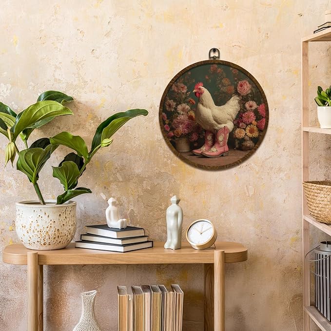 KLYTINK Pastoral Gothic Chicken Round Wall Art – 10"x10" Retro Floral Canvas Hanging Decor with Pink Cowboy Boots, Funny Farmhouse Animal Print for Kitchen, Entryway or Gift (BY0635)