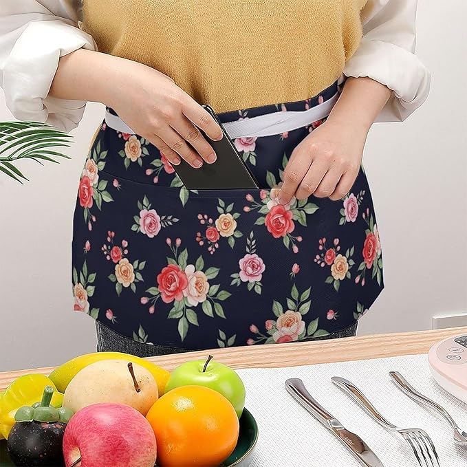 Unisex Apron for Cooking Server Waitress Half Waist Apron with 3 Pockets