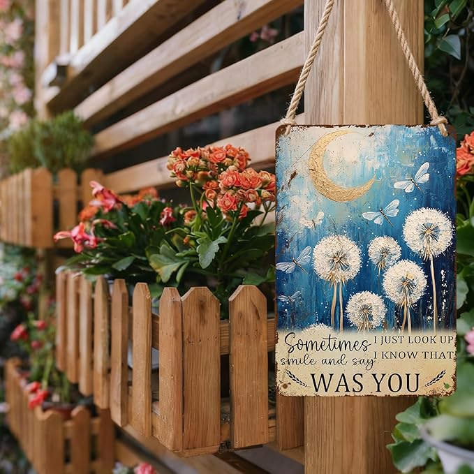 PEACHGARDEN Dragonfly Dandelion Vintage Tin Sign Just Look Up Smile Say I Know That Was You Wall Art Decor for Home Living Room Bedroom Office Cafe And Pub Decoration 8x12inch
