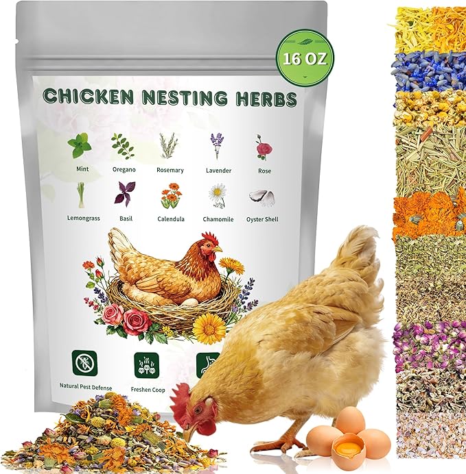 Chicken Nesting Herbs 16 oz – 11 Natural Dried Herb Blend with Marigold for Chicken Coop & Roost Refresh, Nesting Box & Dust Bath, Supports Natural Nesting Behavior