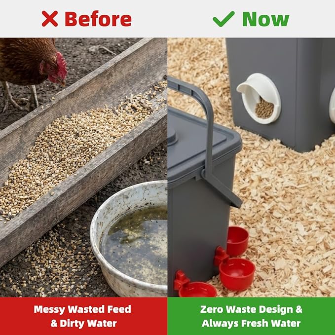 Chicken Feeder and Waterer Set (2.6 Gallon / 10L) – Square Automatic Poultry Dispenser Kit – Gravity Feed Ports & Drinking Cups – Durable Coop Accessories for Hens & Ducks (Grey)