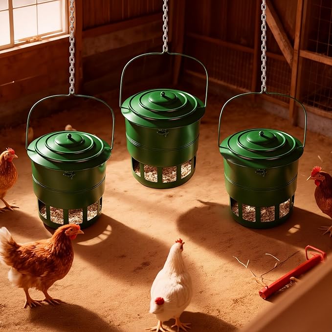 Metal Hanging Chicken Feeder No Waste, Rain-Proof Automatic Chicken Feeders, No-Spill Poultry Feeder, Rat Proof Gravity Chicken Feeder with 12 Ports for Farm & Backyard Chicken Coop