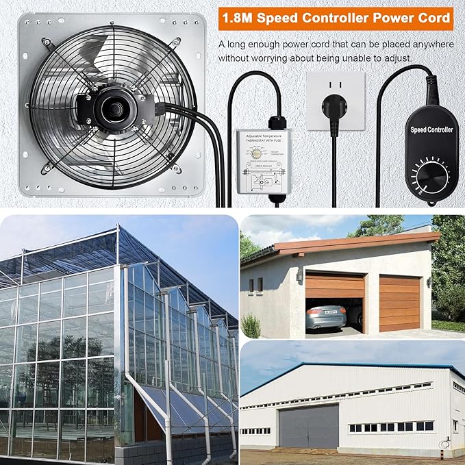 Hiorucet 12 Inch Wall Mounted Shutter Exhaust Fan for Garage, Greenhouse, Shop, Attics, Chicken Coop, Basement, High Performance Low Noise Louvered Exhaust Fan with Thermostat and Speed Controller.