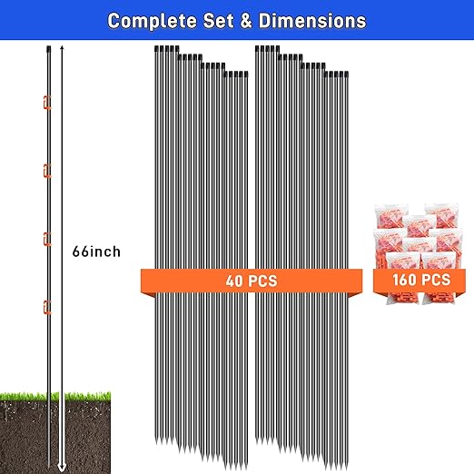 66Inch Fiberglass Electric Fence Posts 40Pcs, Temporary Graden Fence Post with 160 Adjustable Clips, Portable Step in Electric Fence Stakes for Farm, Garden and Horse Goat Sheep Small Animals Fences