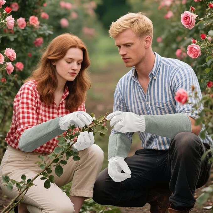Leather Gardening Gloves – Goatskin Palm & Cowhide Cuff, Thorn-Resistant Long Garden Work Gloves
