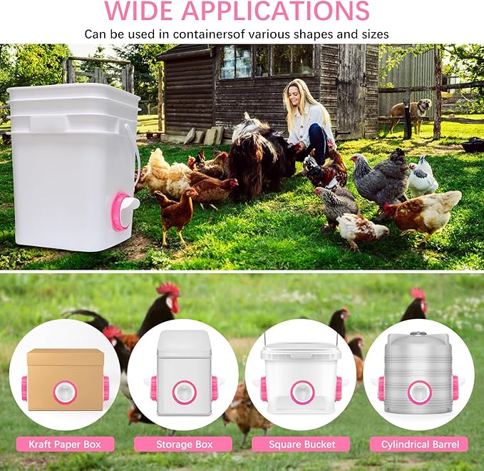Chicken Feeder Port, 6 Pack Chicken Feeders No Waste with 6 Lids 1 Drill Bit, DIY Automatic Poultry Feeder Cups Kit, Chicken Bucket Feeder for Barrels (Pink)