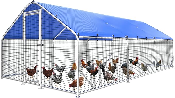 Sino Luban Metal Large Chicken Coop Run with Small Mesh Hardware Cloth for 30 Chickens/Ducks, Chicken Runs for Yard with Waterproof Cover, Chicken Enclosure Pen Outdoor, Walk-in Poultry Cage