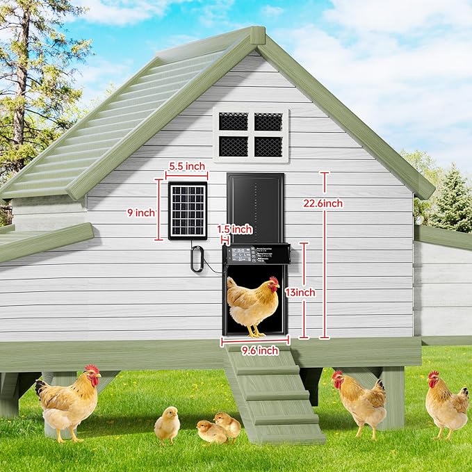 Solar Chicken Coop Door, Automatic Chicken Door Solar Powered & USB Charging, Auto Chicken Door 4 Modes with Timer & Light Sensor, Anti-pinch & Alert, Remote, LED Screen, Aluminum Waterproof Coop Door
